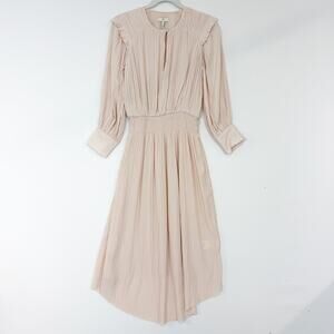 Joie Rheia Pleated Midi Dress Pale Pink Smocked Waist Long Sleeves Women's Small